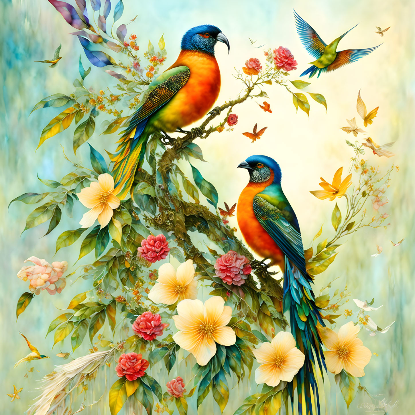 Colorful Birds and Hummingbird in Lush Floral Scene