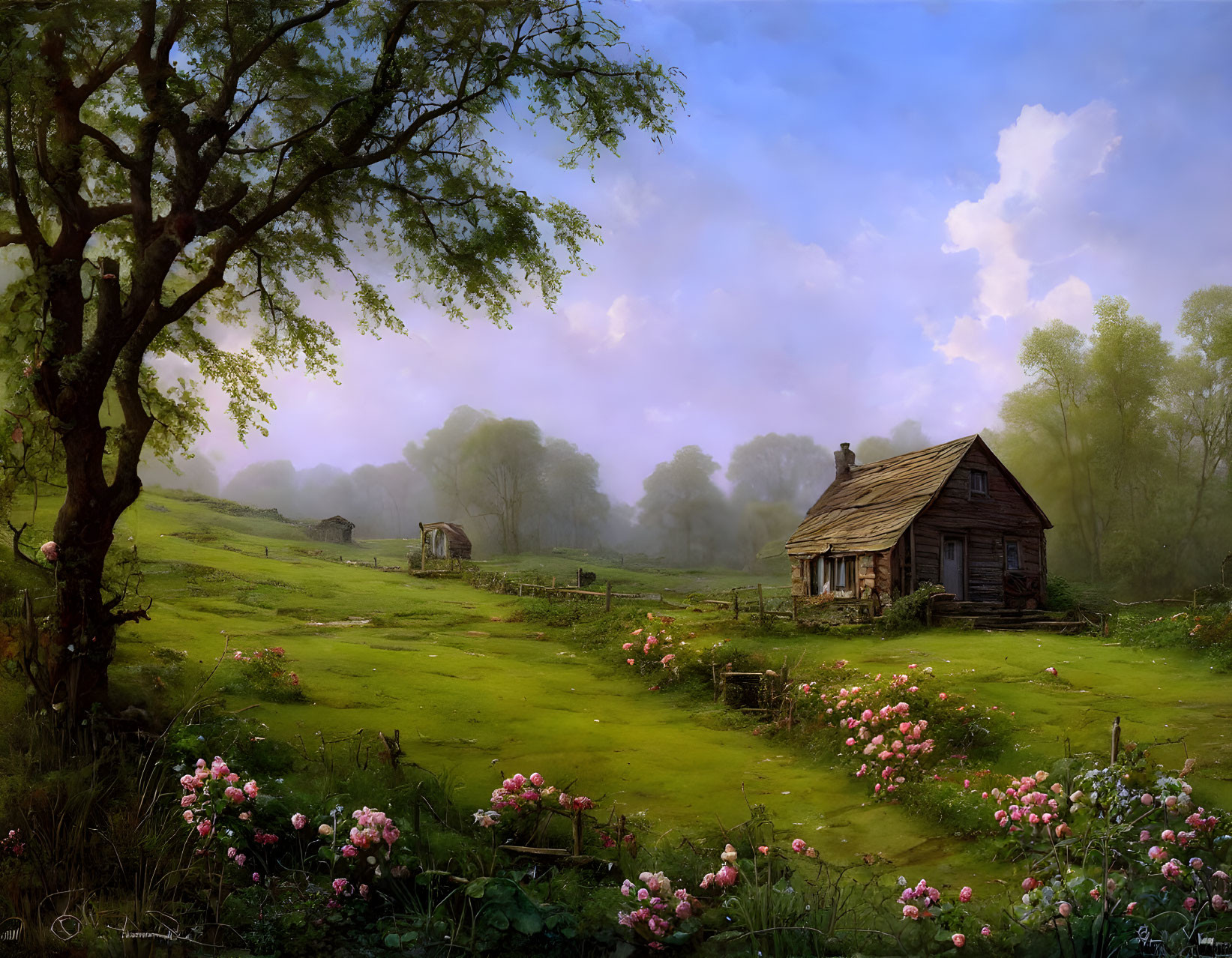 Rustic wooden cabin in peaceful countryside with green grass, pink flowers, cloudy sky