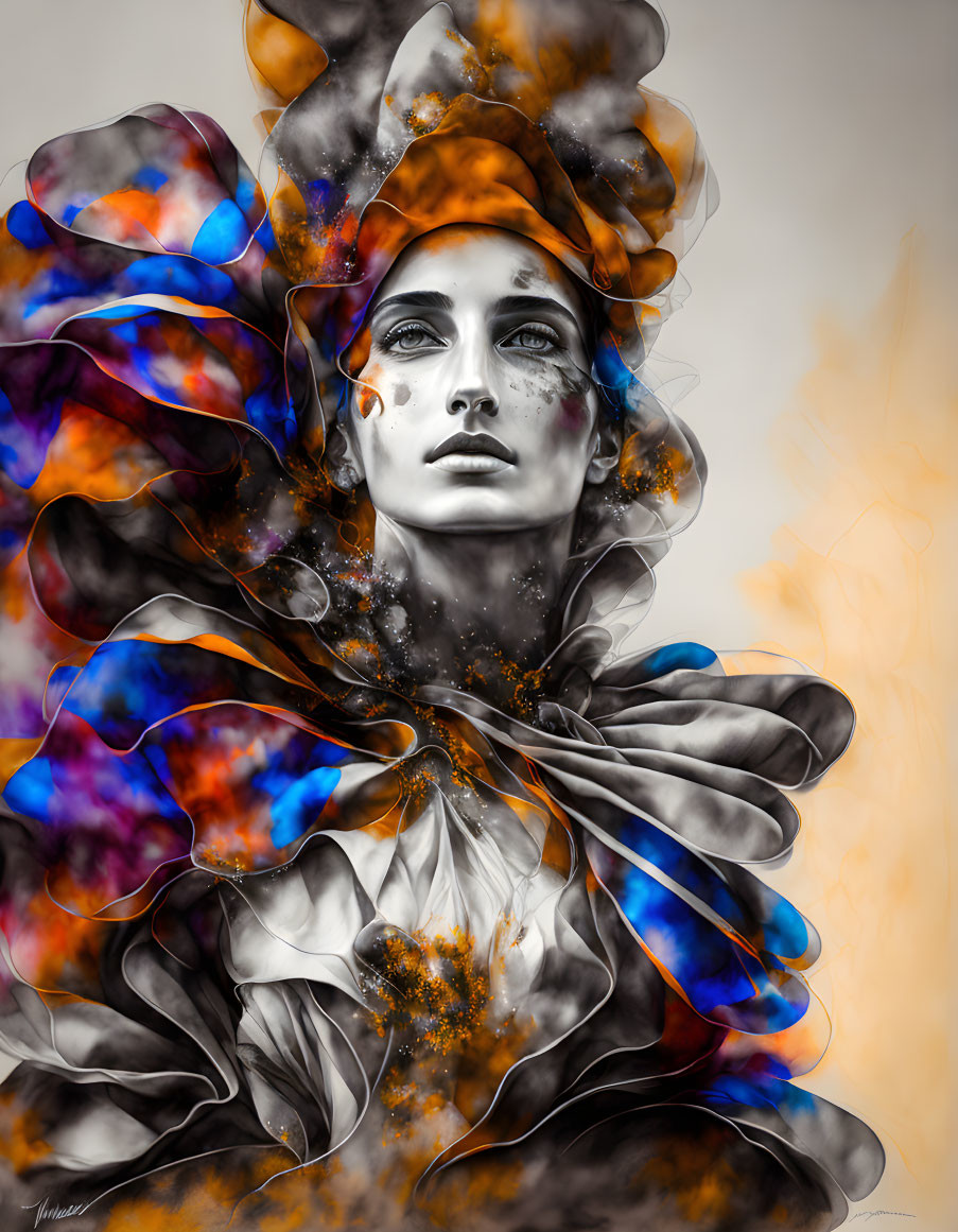 Colorful Smoke Patterns Surround Woman in Stylized Portrait