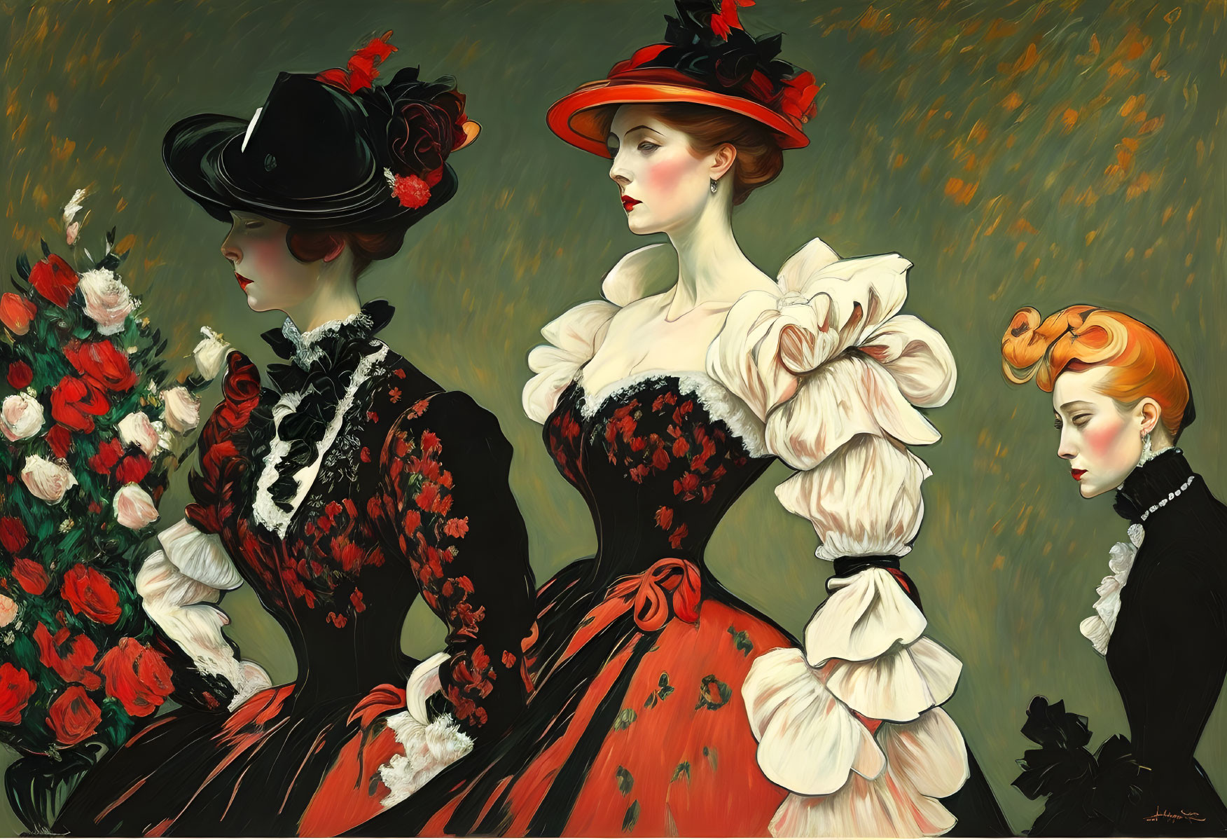 Vintage Dresses: Three Elegant Ladies in Floral Patterns and Elaborate Hats