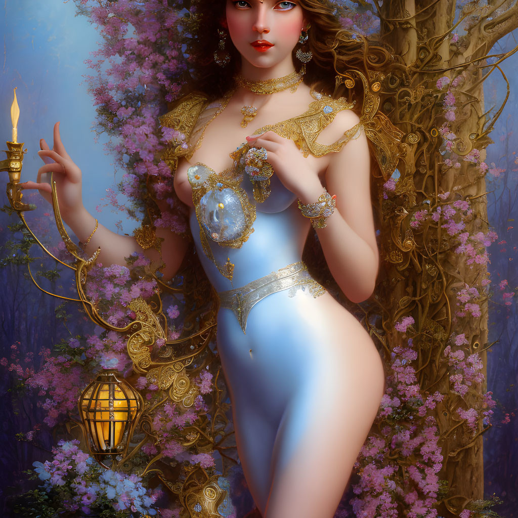 Fantasy illustration of woman in blue bodysuit with ornate jewelry and candle lantern in floral setting