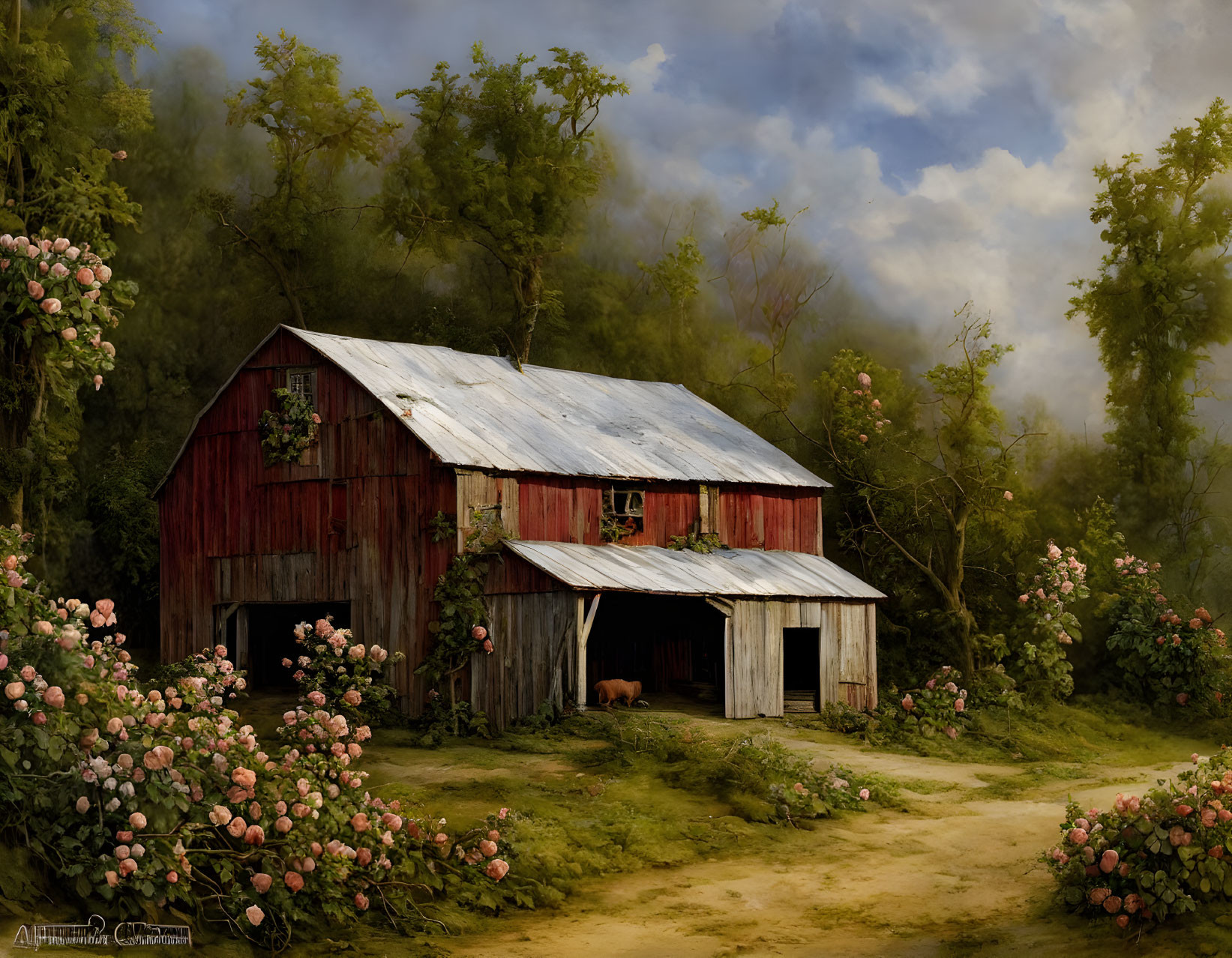 Rustic red barn with tin roof in lush greenery and pink flowers under moody sky