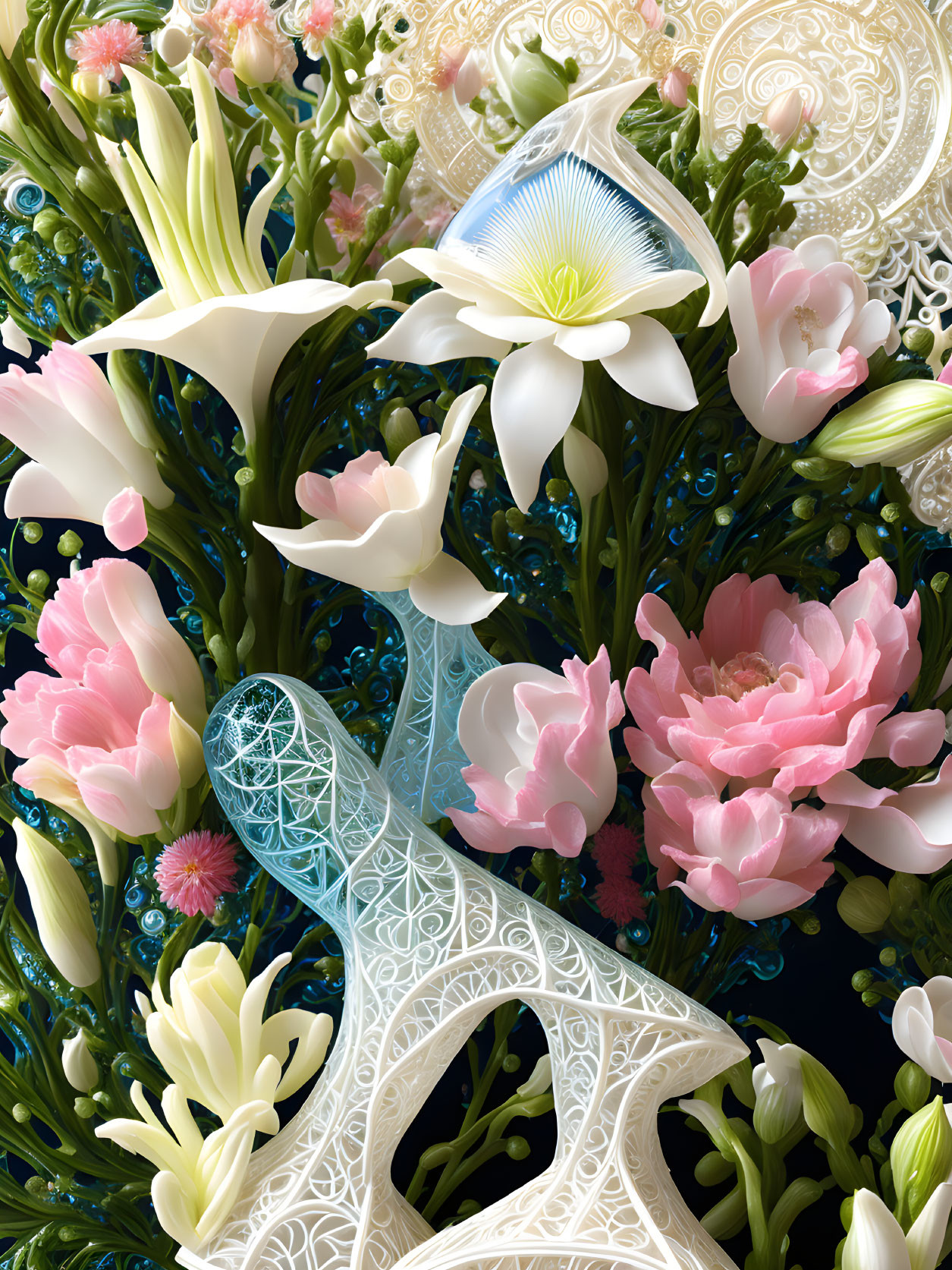 Colorful digital artwork: peonies, calla lilies, intricate patterns, organic and geometric