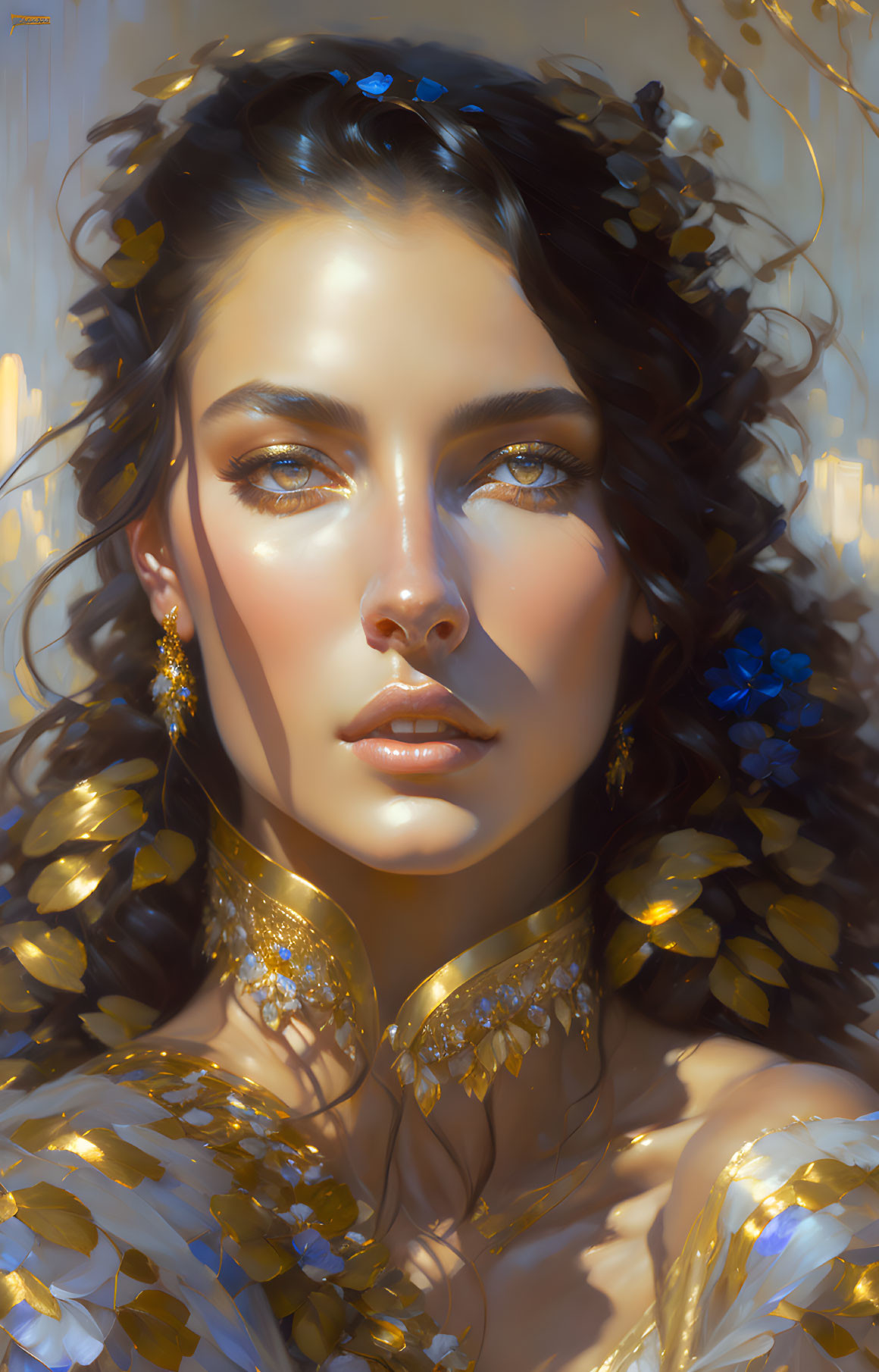 Woman's digital portrait with golden jewelry, blue flowers, and ethereal glow