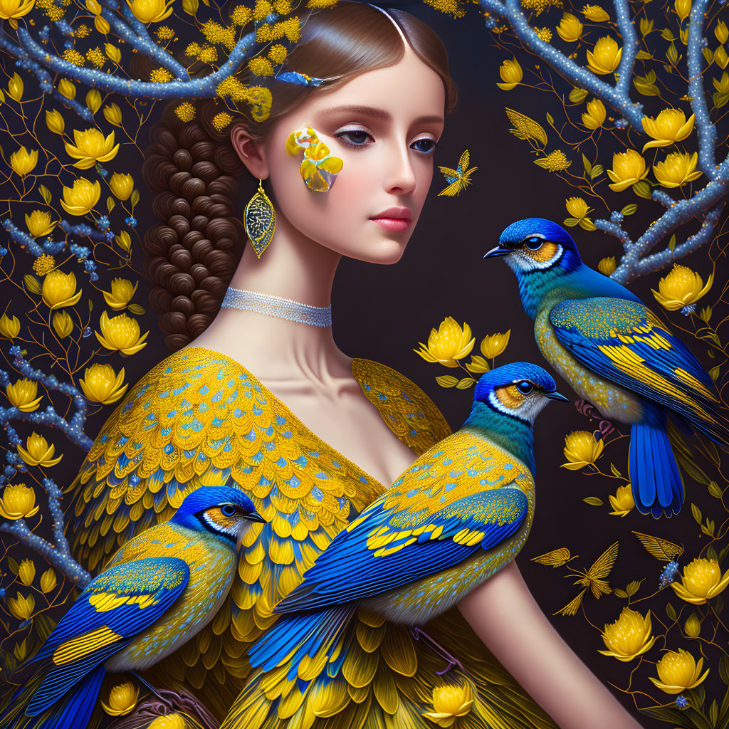 Woman with Yellow-Blue Feathers Surrounded by Birds and Blossoms