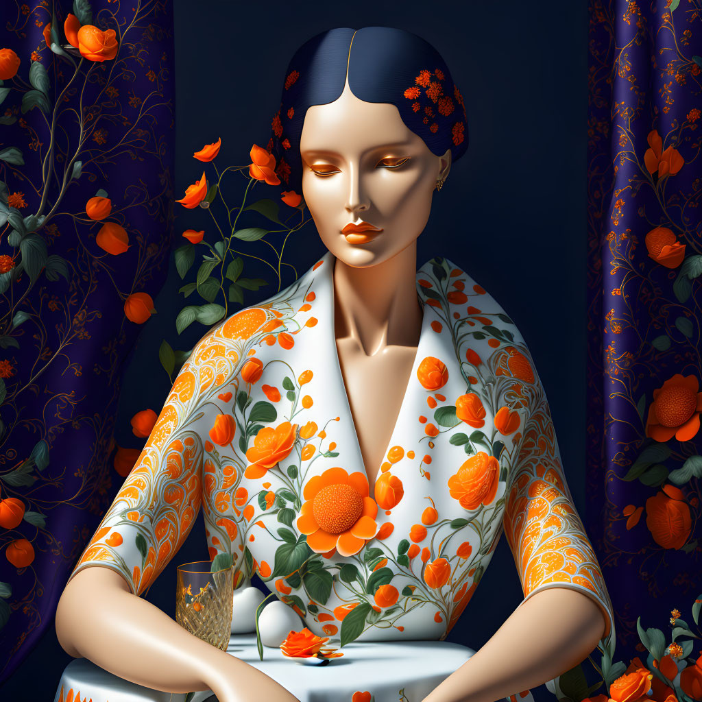 Floral-patterned mannequin with headband on dark background with orange blooms