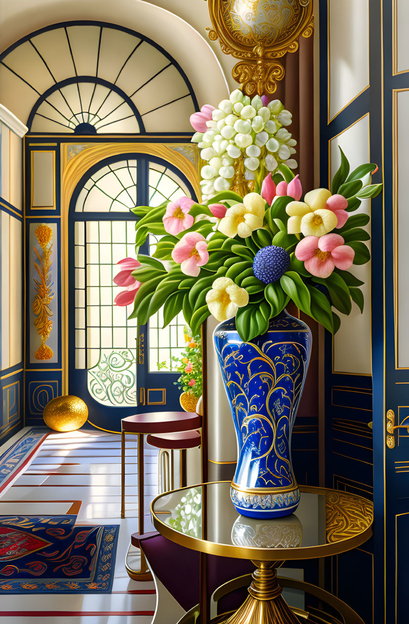 Bright Room with Large Window, Ornate Blue Vase, Pink & White Flowers, Gold Decor