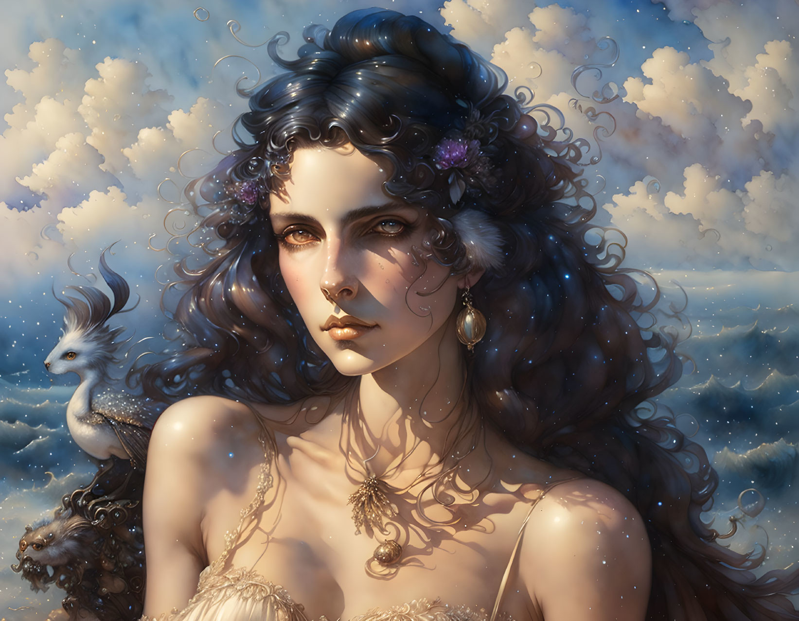 Dark-haired woman with floral adornments gazes under cloudy sky