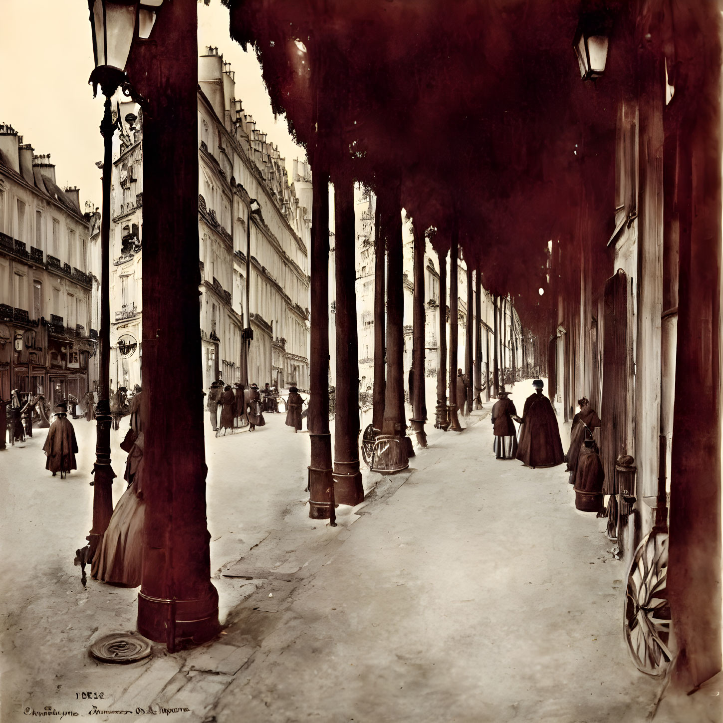 Sepia-Toned Vintage Photo: 19th-Century Parisian Arcade Scene