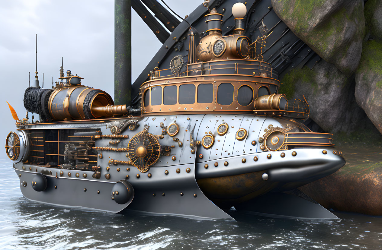 Steampunk-style submarine with intricate metalwork and gears near rocky cliffs displays vintage design elements