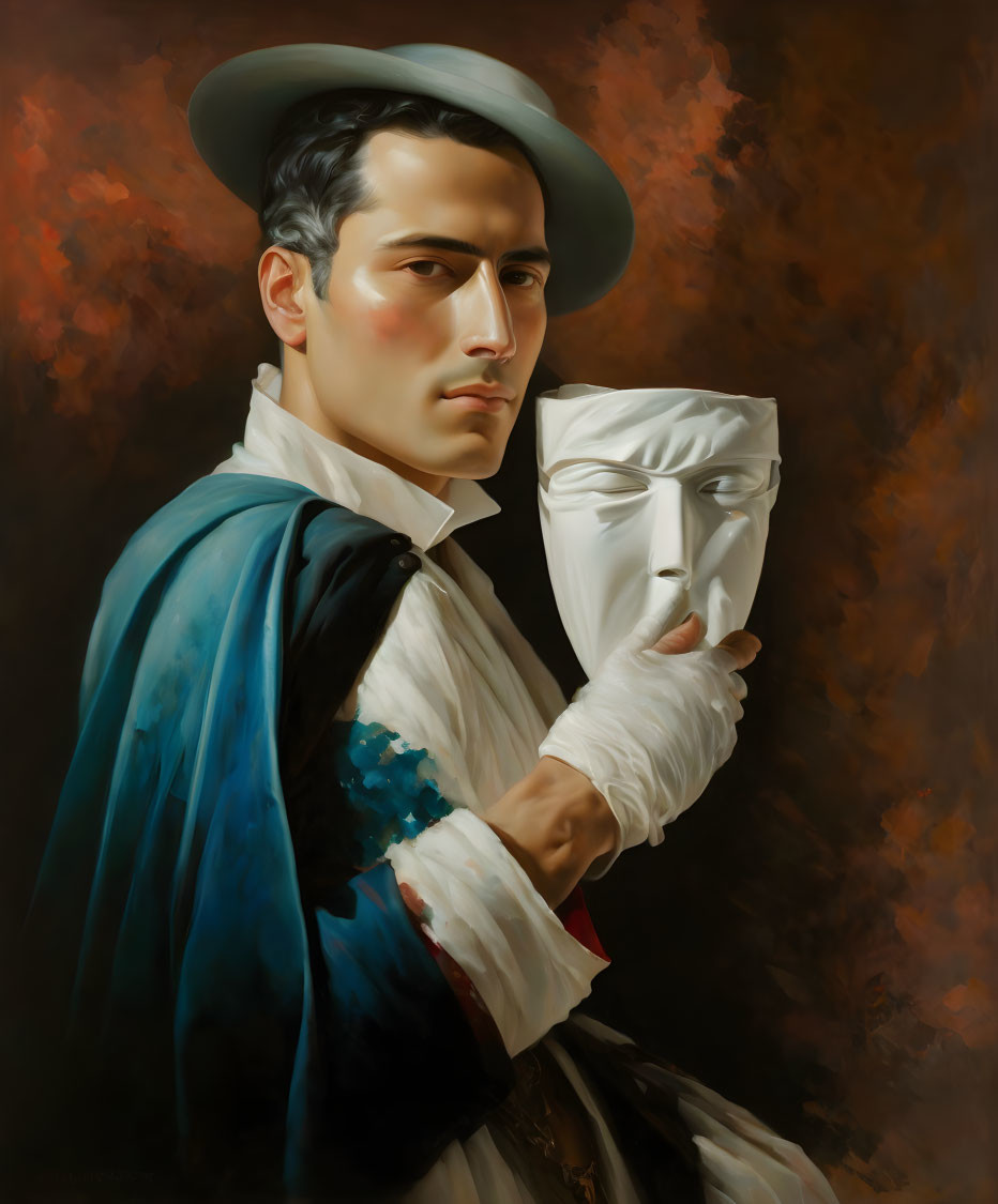 Historically dressed man with white mask in contemplation