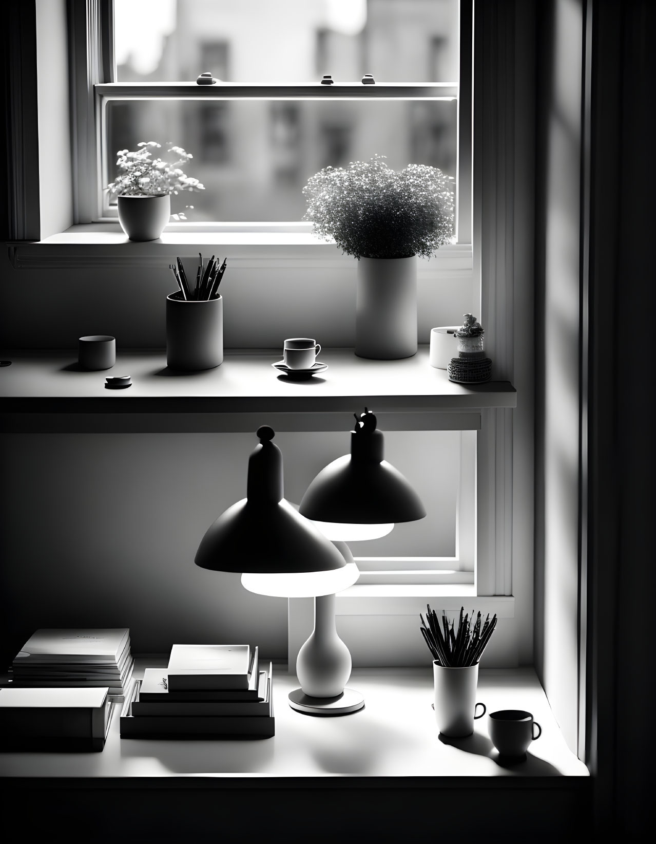 Cozy monochrome workspace with desk lamp, coffee cup, books, and plants by window.