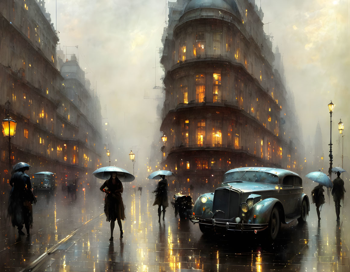 Vintage cars and pedestrians in rainy street scene with street lamps, evoking nostalgia