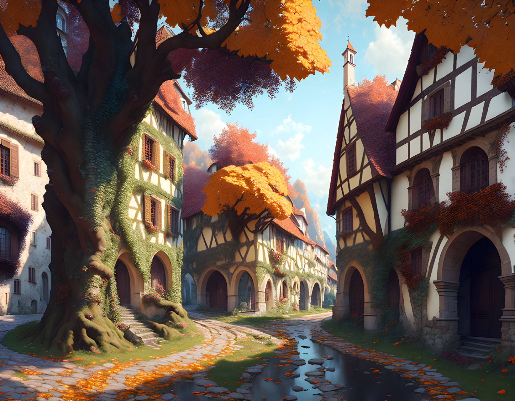 Medieval village with half-timbered houses, cobblestone street, and autumnal canal