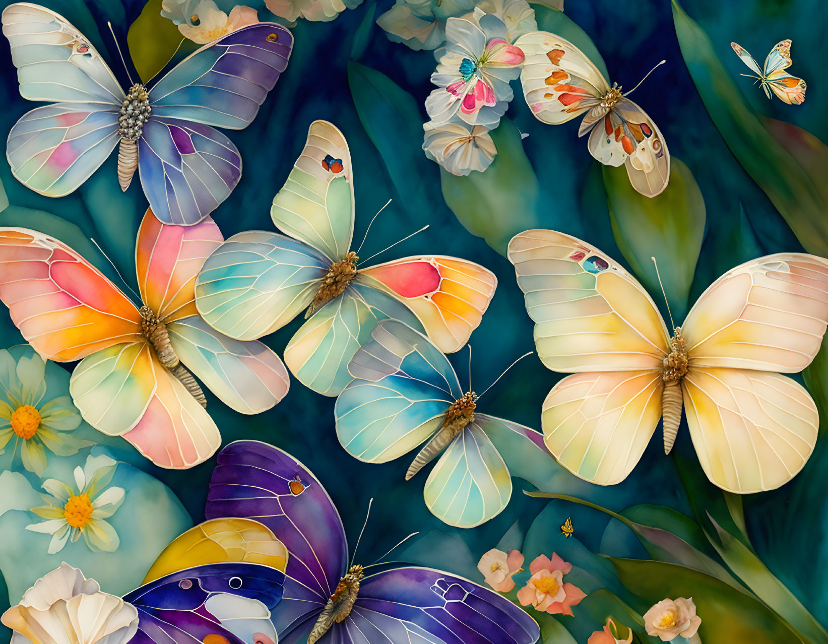 Vibrant butterflies with unique wing patterns in floral scene