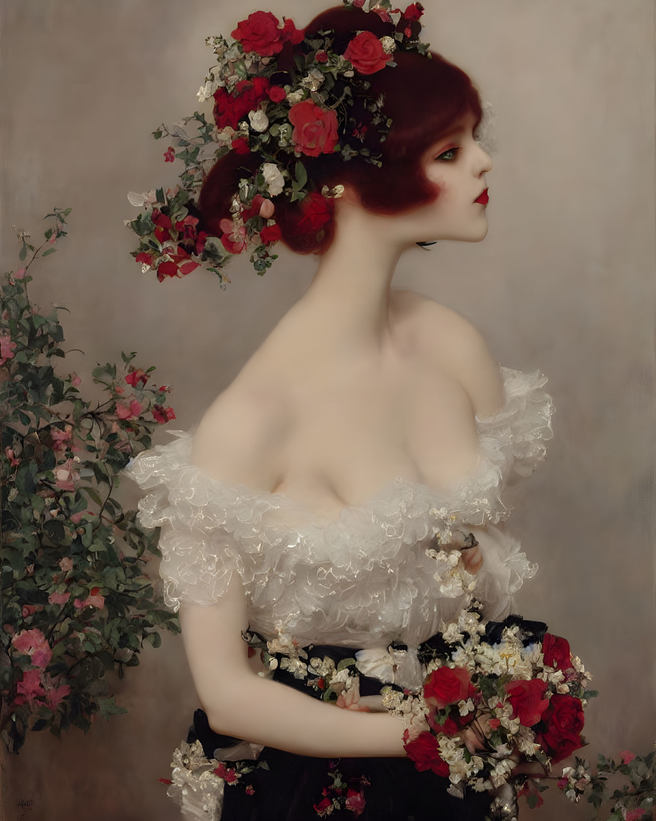 Portrait of Woman with Auburn Hair and Red Flowers in White Dress