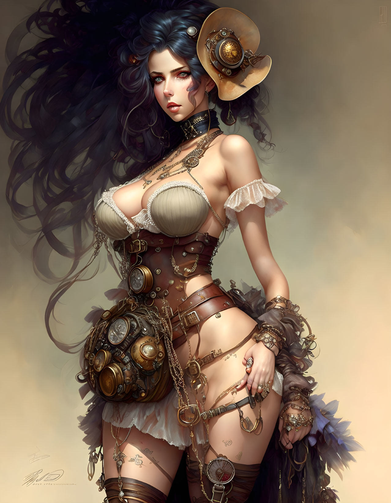 Steampunk-themed female illustration with brass accessories and corset.