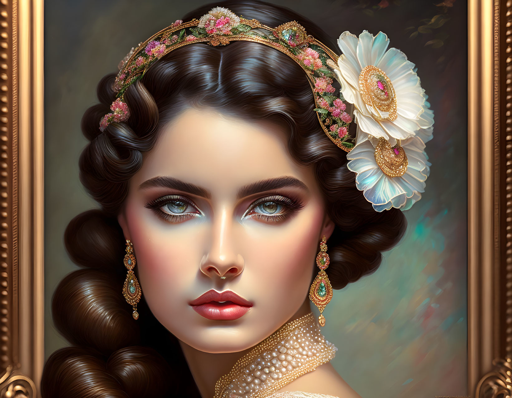 Classical painting of woman with blue eyes and wavy hair