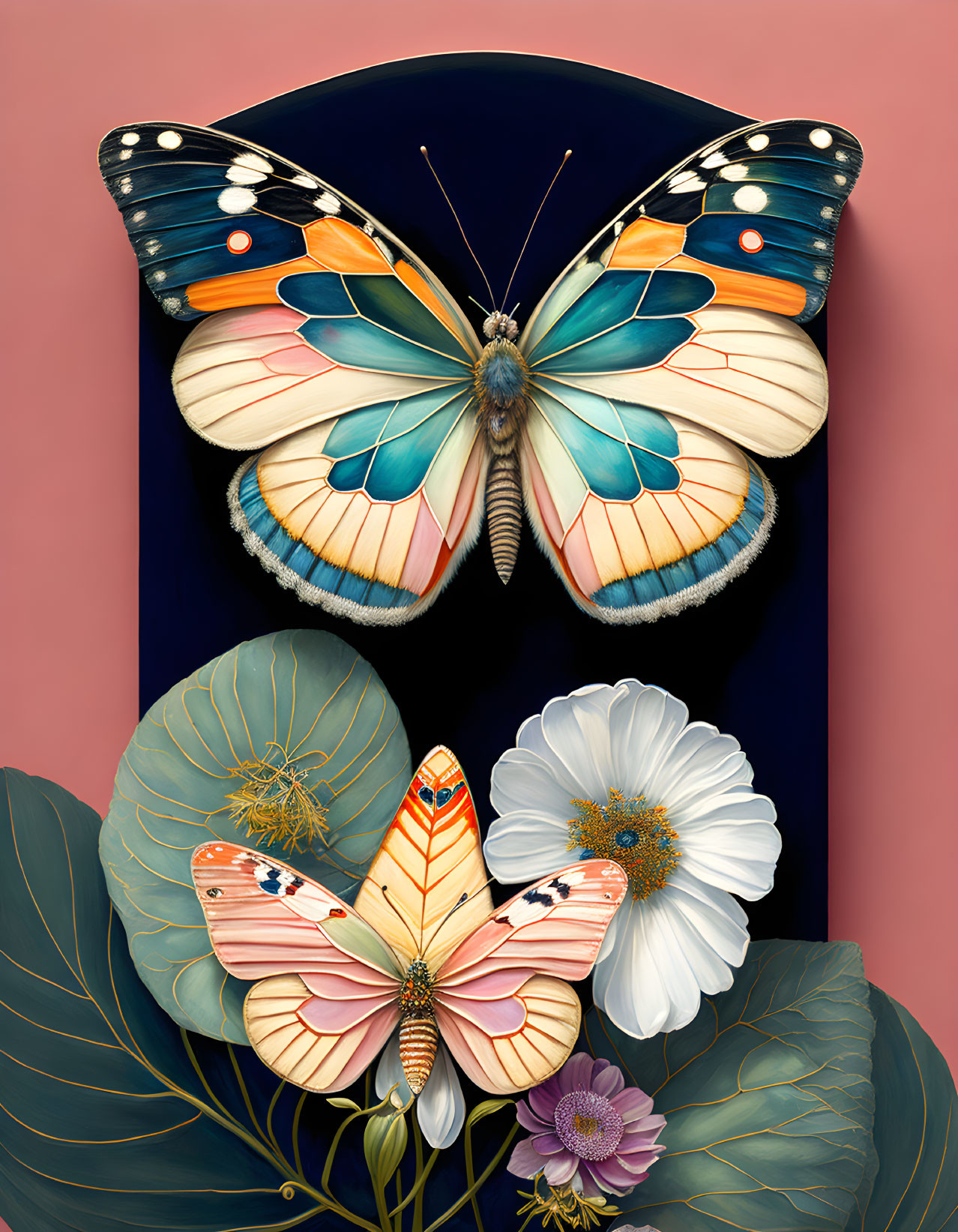 Colorful Butterfly Illustration with Flowers and Leaves on Pink Background