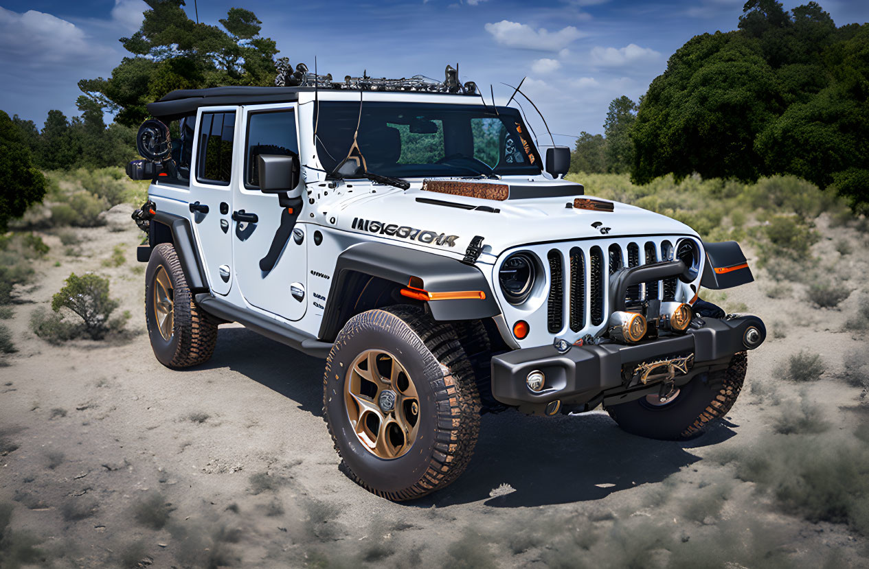 Four-door white off-road vehicle with roof rack and custom wheels in wooded area