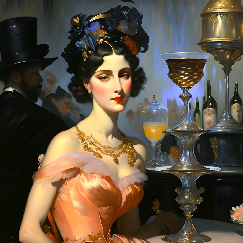 Victorian-era woman in orange dress with blue hairpiece and man in top hat and champagne in elegant