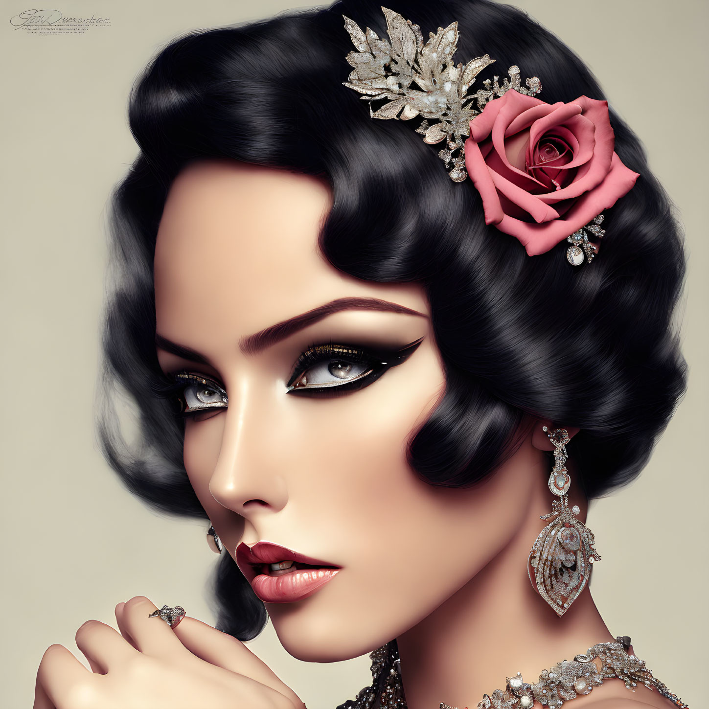 Vintage-inspired portrait of a woman with dramatic makeup and sparkling accessories