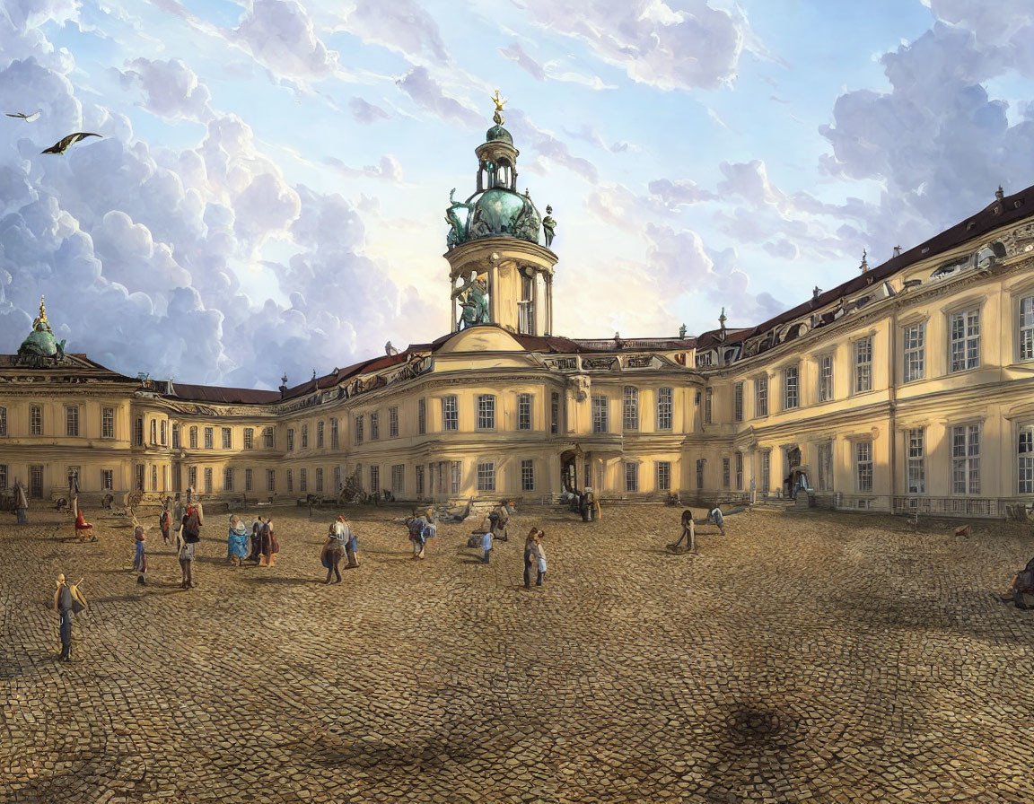 Baroque Palace with Dome and Clock Tower, Tourists in Cobblestone Courtyard