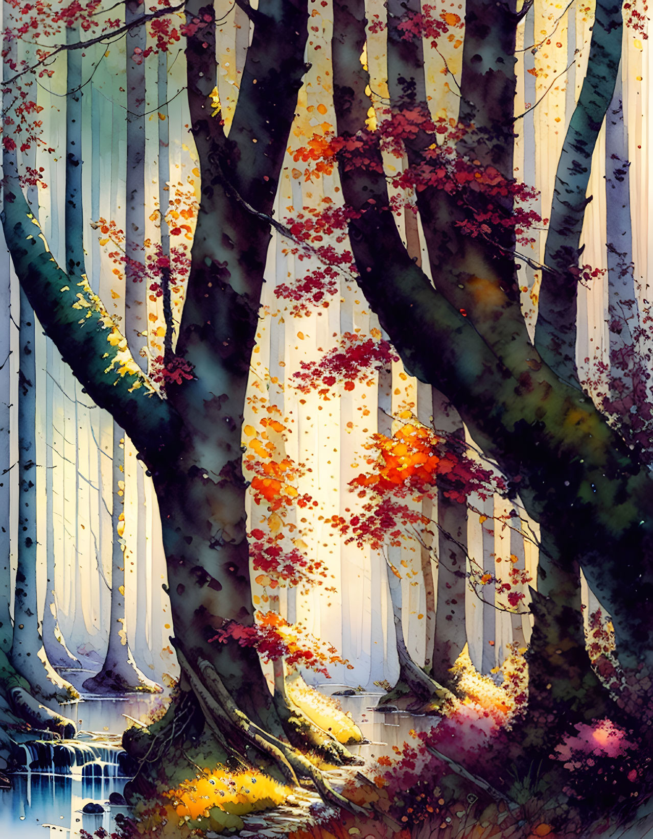 Illustrated vibrant forest with sunlight, trees, water, and autumn leaves