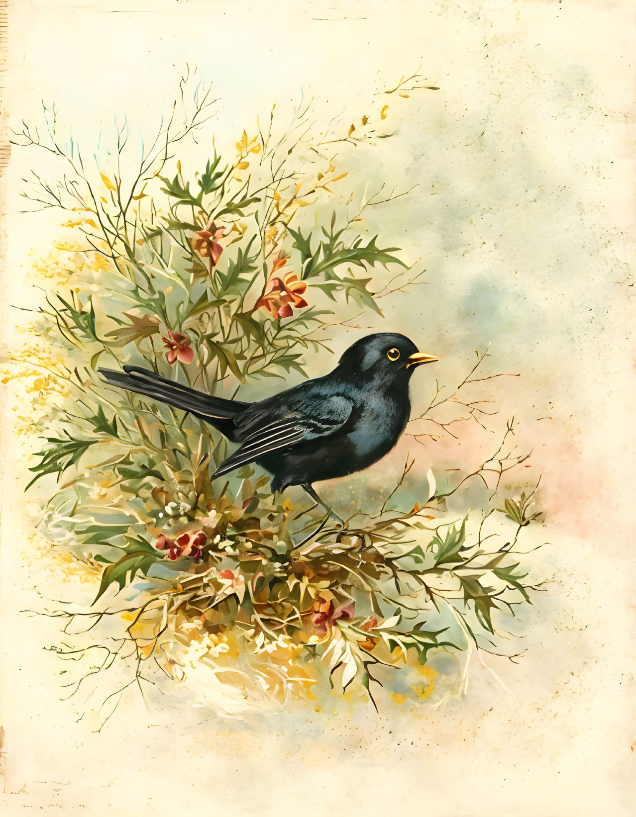 Colorful painting of black bird with yellow eyes in nature scene