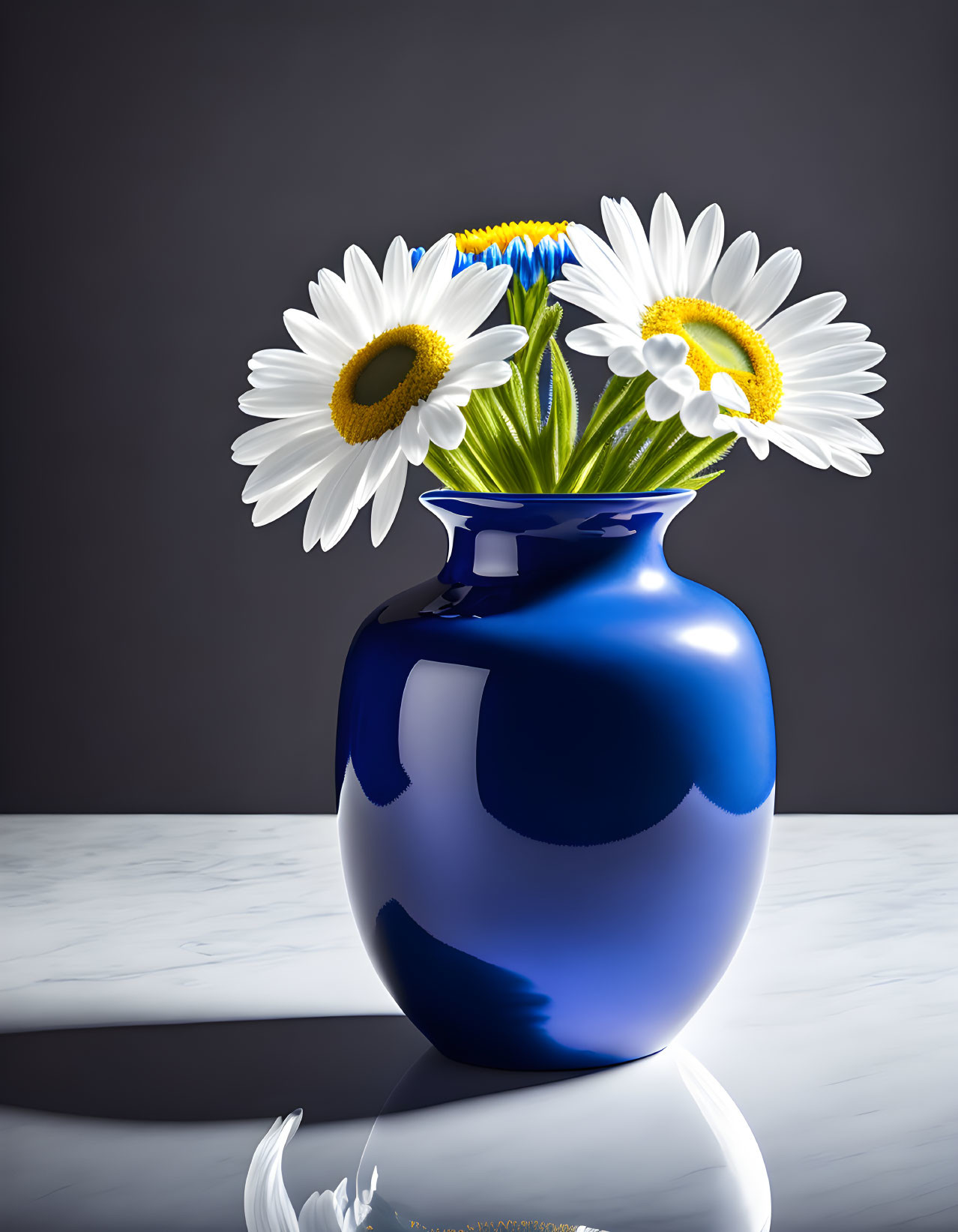 Blue vase with daisies and blue flower on reflective surface