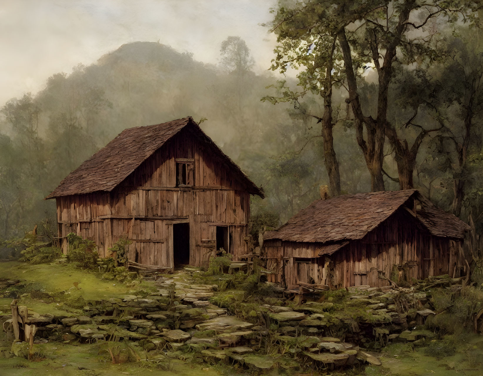 Rustic wooden cabins in forested landscape with shingle roofs