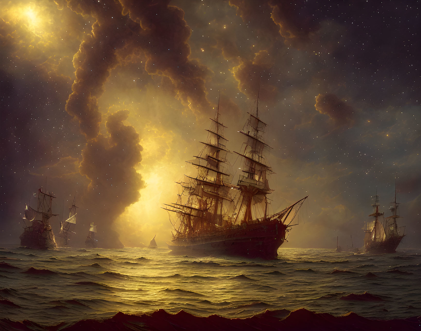 Golden light illuminates tall ships on churning sea