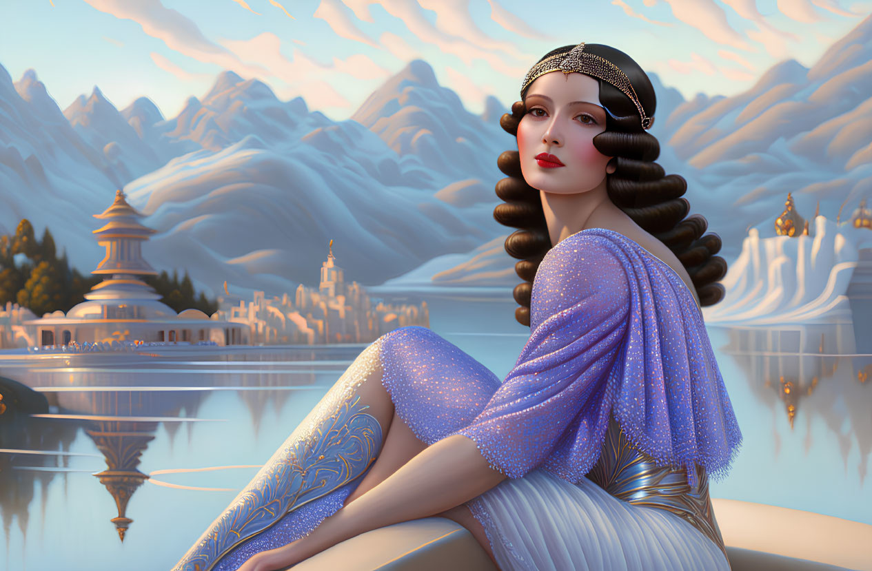 Stylized illustration of woman with sleek hair in front of serene mountain landscape