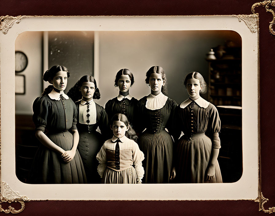 Vintage portrait of seven women and girl in late 19th-century attire with decorative border