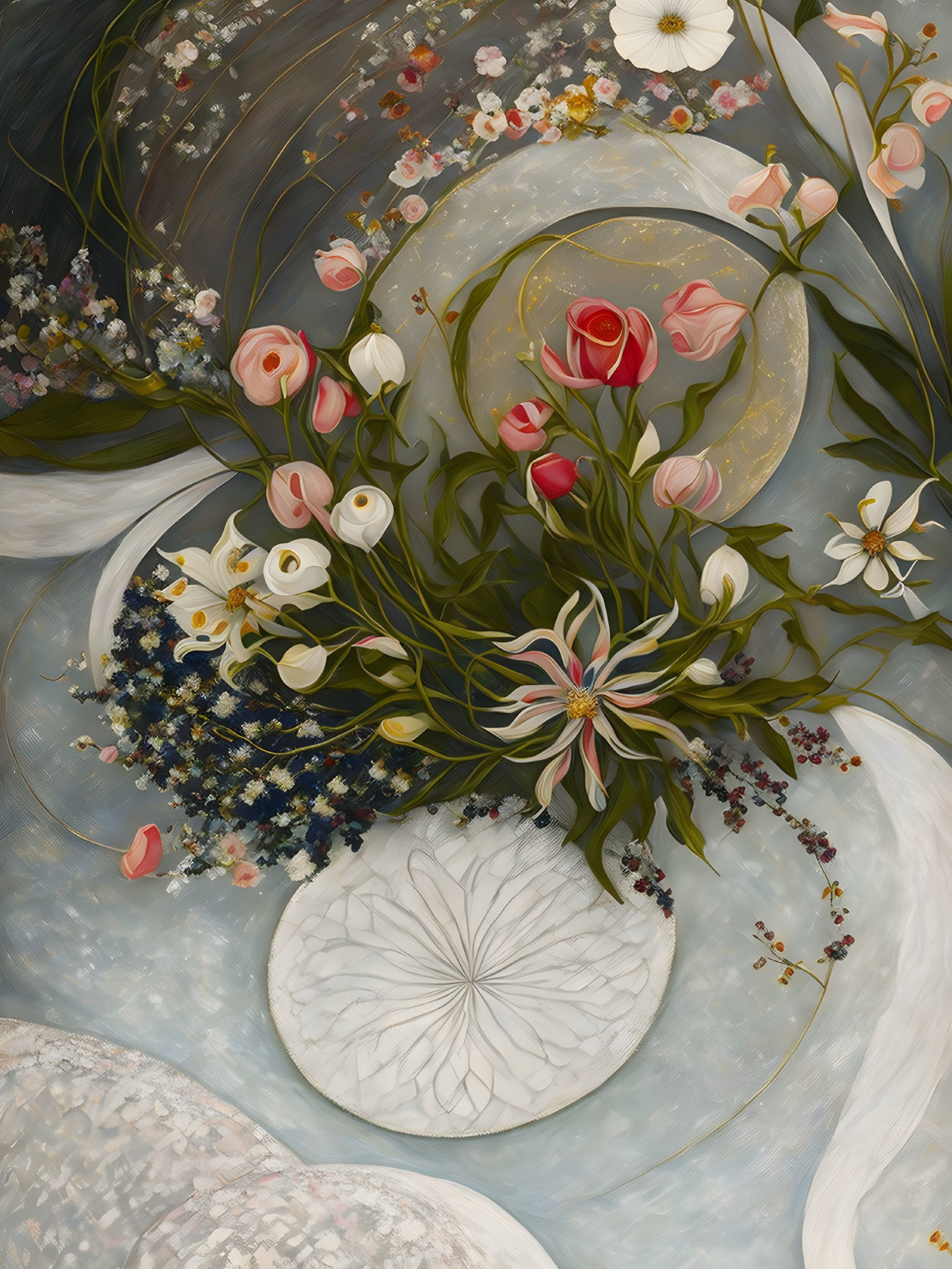 Floral painting with swirling blossoms around white stone on dark background