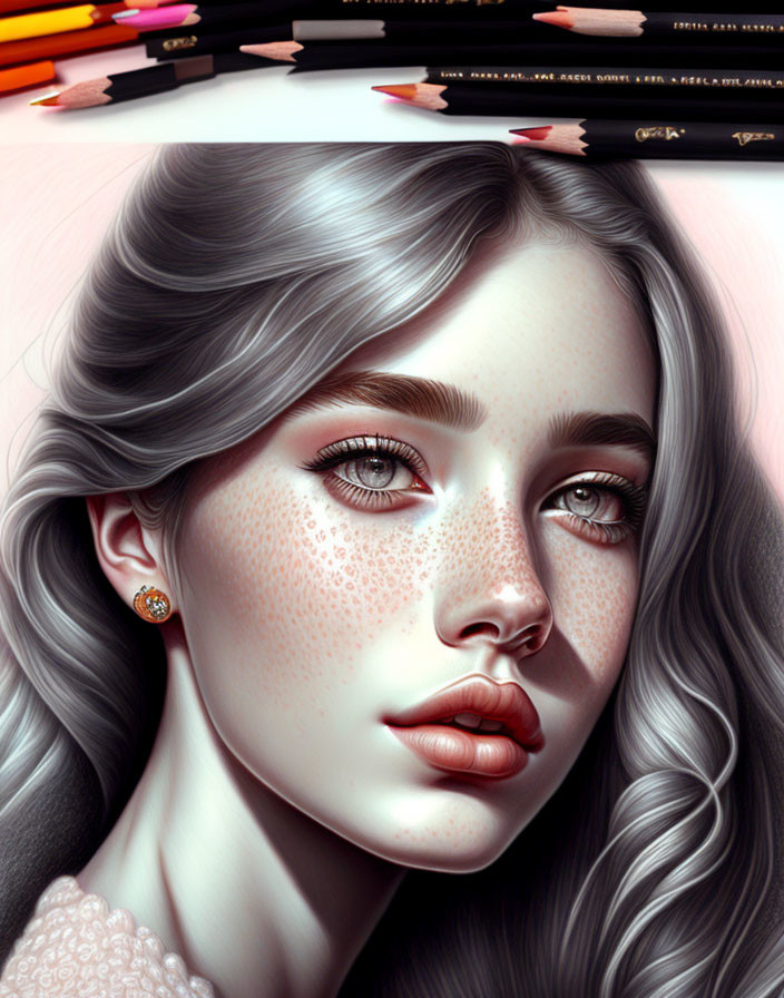 Detailed digital illustration of young woman with grey hair, freckles, full lips, and blue eyes