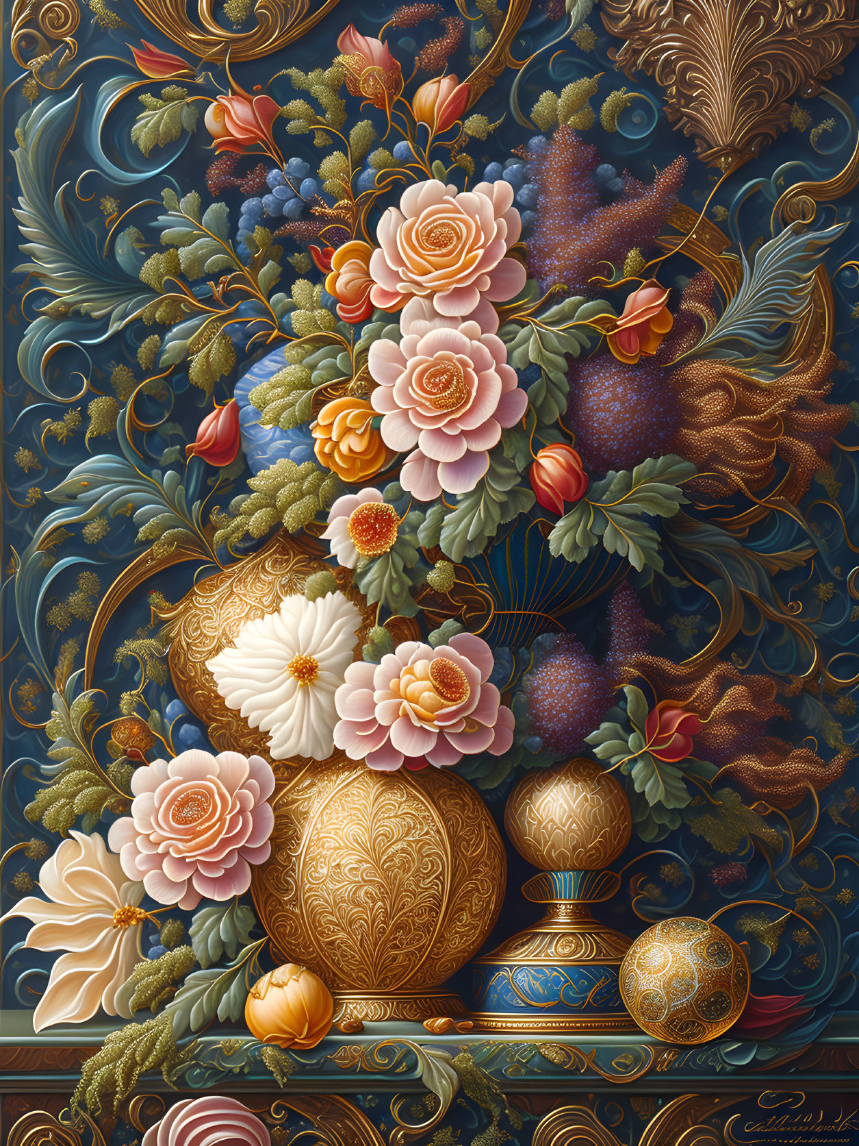 Ornate Golden Eggs and Pastel Flowers Still Life with Swirling Patterns