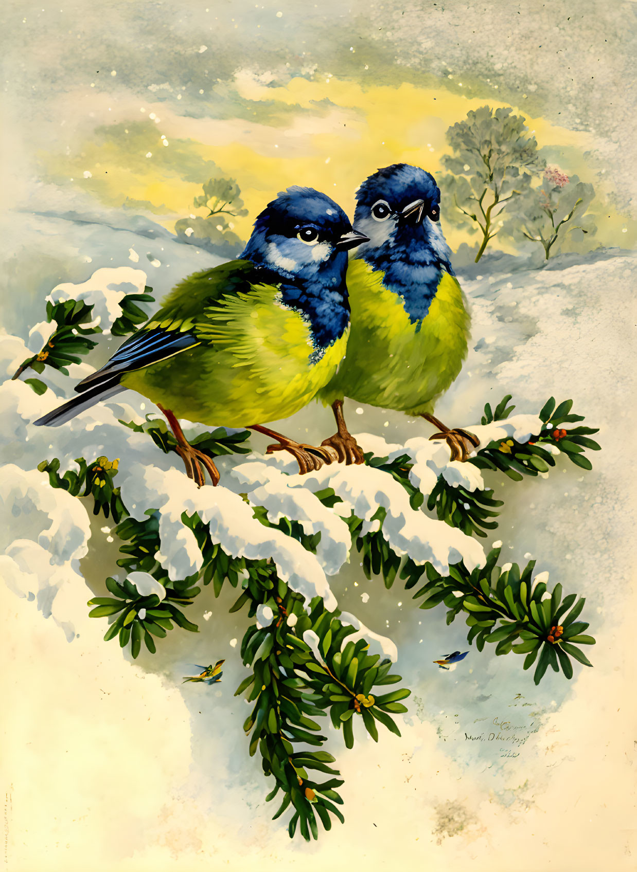 Vibrant blue and yellow birds on snow-covered branch with green pine needles