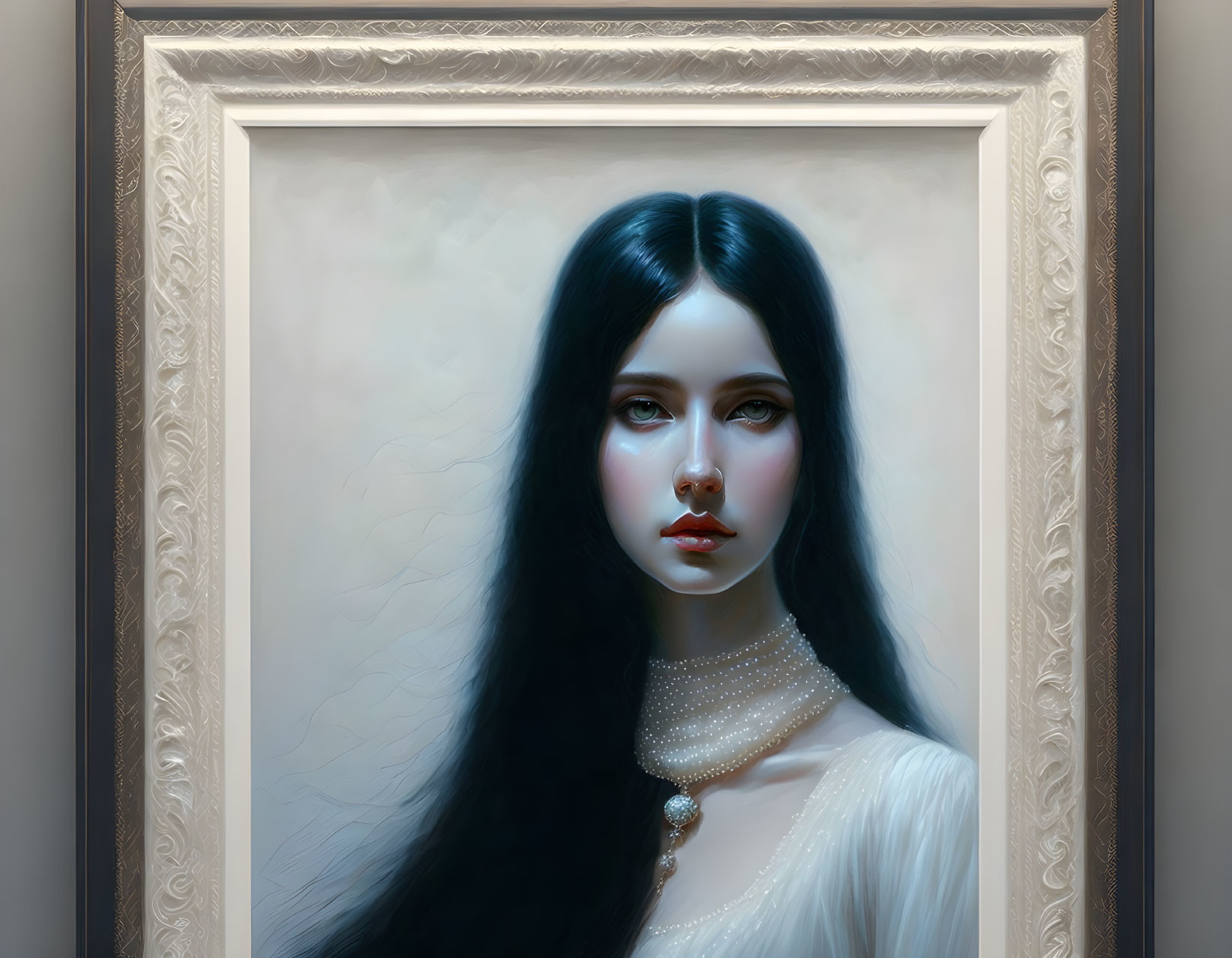 Portrait of Woman with Long Black Hair and Pearl Necklace in Ornate White Frame