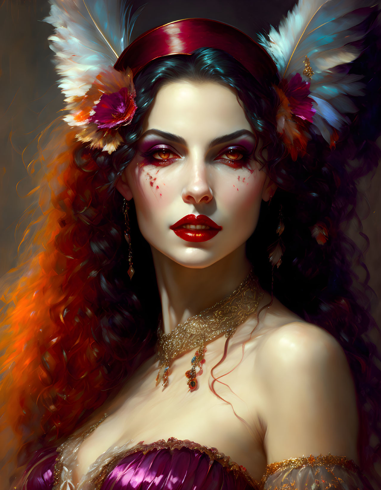 Vibrant digital portrait of a woman with red-copper hair and feathered headdress