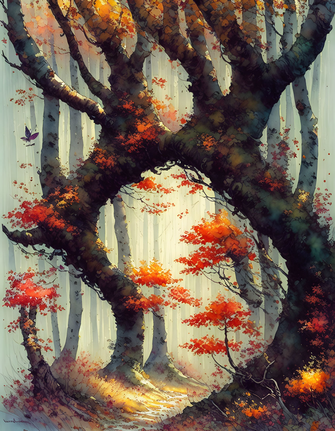 Whimsical tree painting with heart-shaped void, forest, leaves, and butterfly