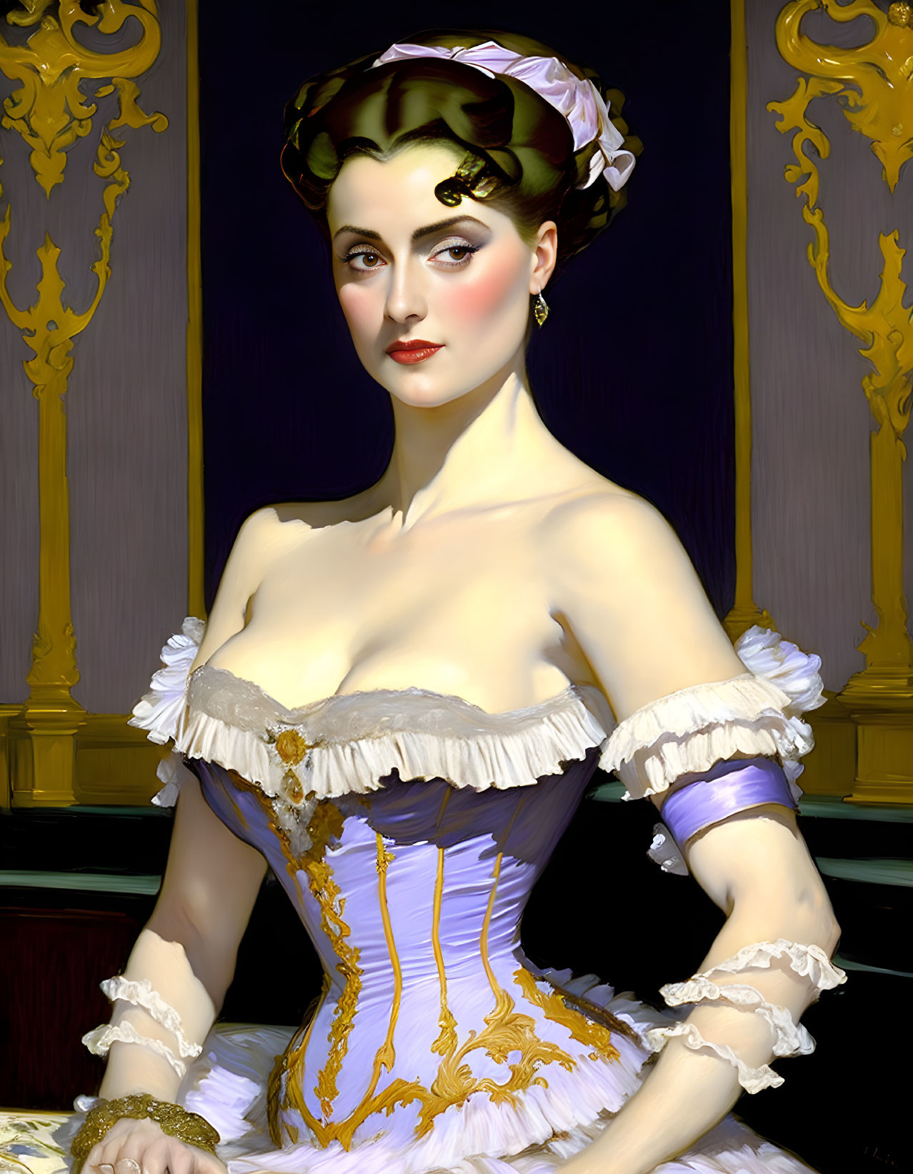 Historic portrait of woman in elegant purple and white dress with gold embroidery