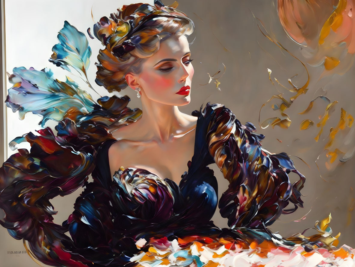 Elaborate feathery dress and headpiece on elegant woman in vibrant brushstrokes