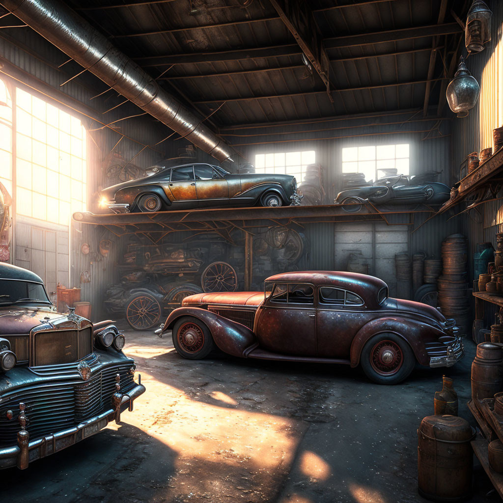 Vintage Car Garage with Classic Cars and Stacked Tires in Warm Dusty Atmosphere