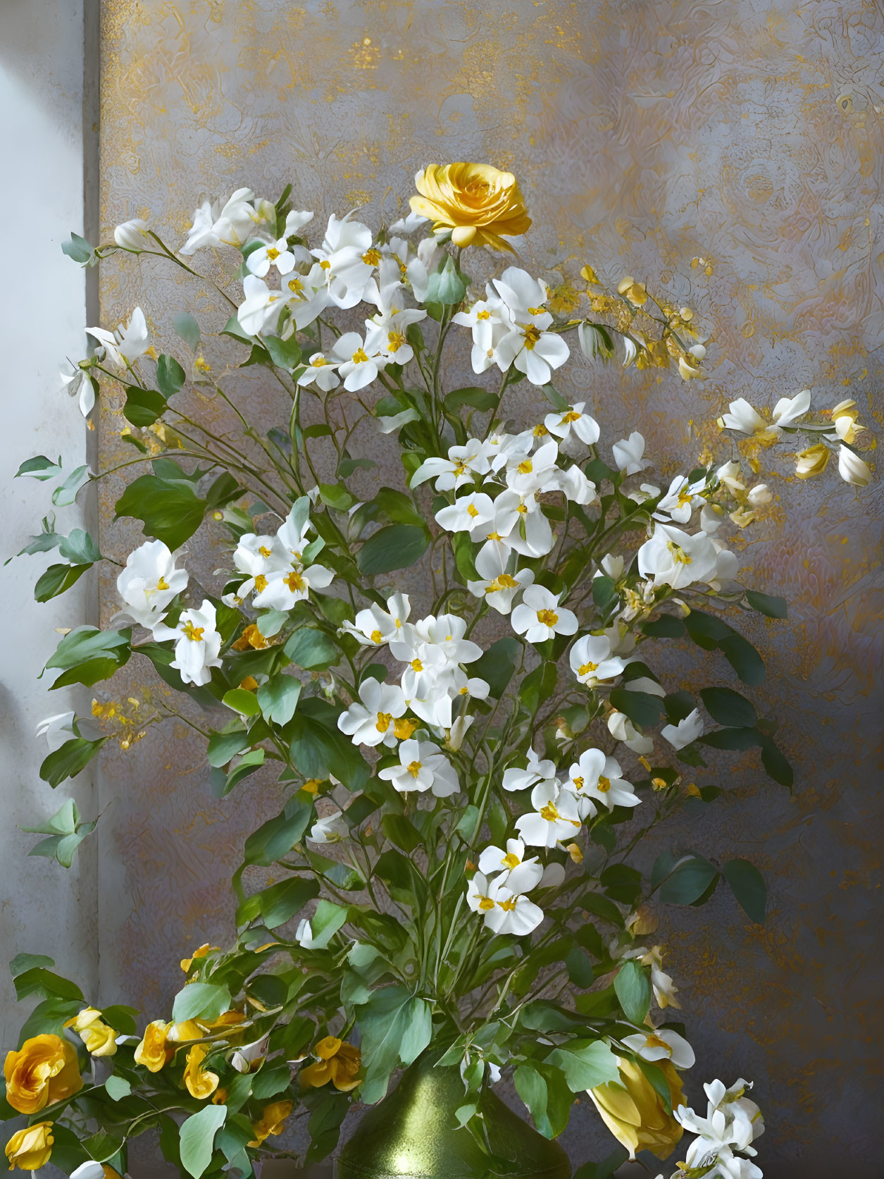 White Flowers with Yellow Centers in Gold Vase on Patterned Gold Backdrop