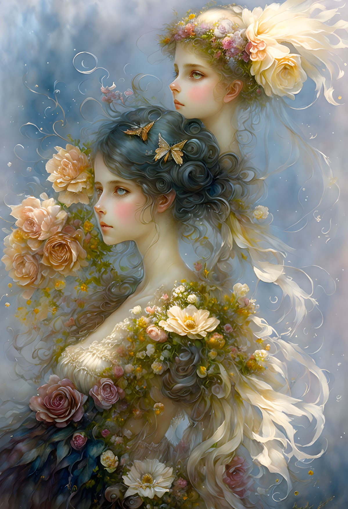 Ethereal female figures with floral adornments in misty setting