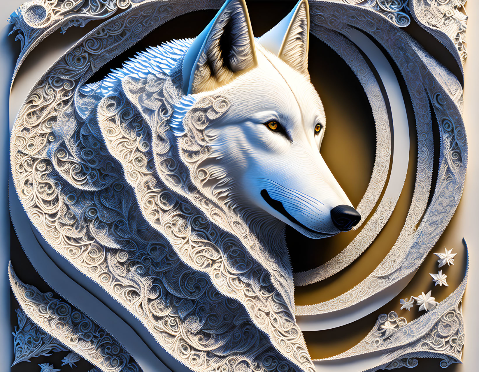 Stylized white wolf with ornate patterns in monochromatic palette