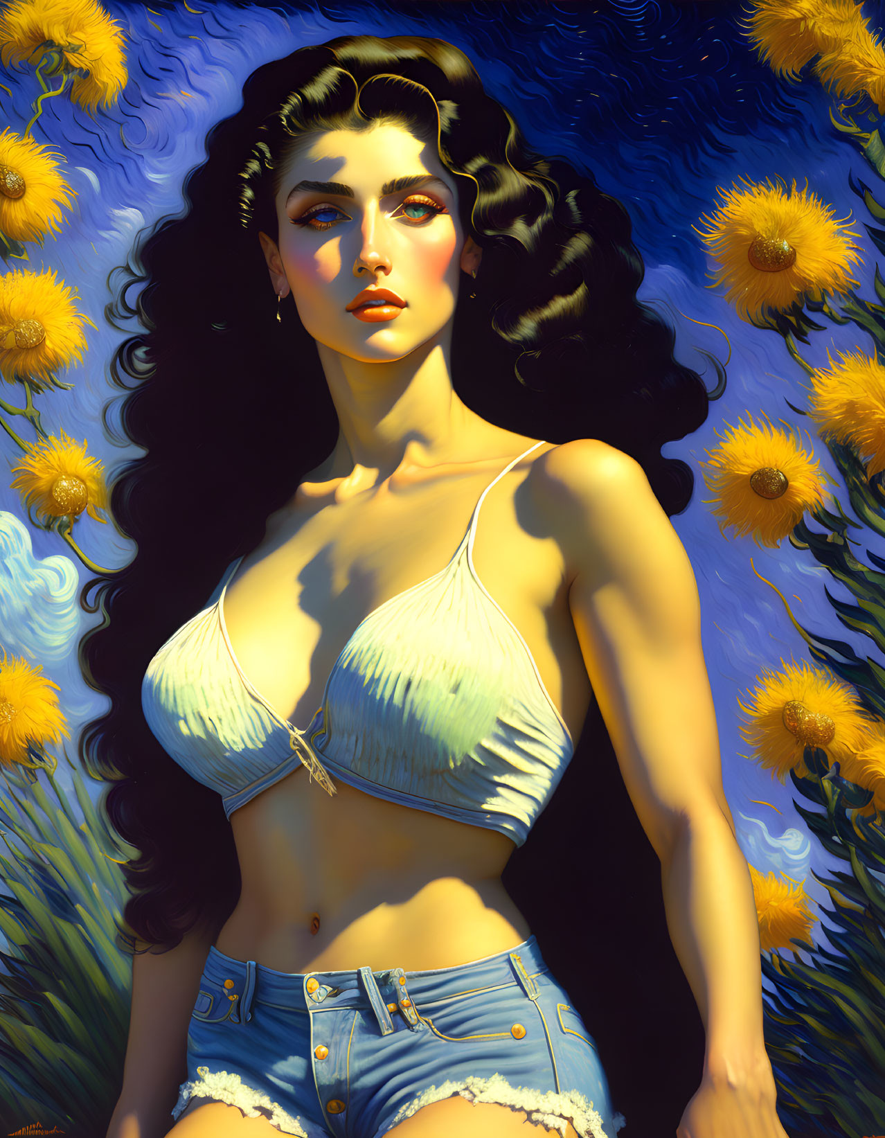 Woman with Black Hair in White Top and Denim Shorts Against Sunflower Background