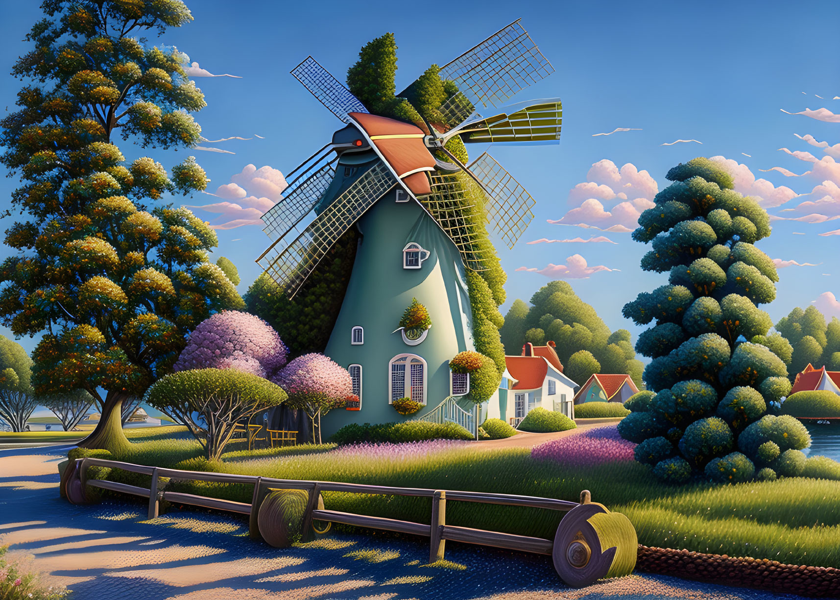 Traditional windmill in serene rural setting with lush trees and quaint house