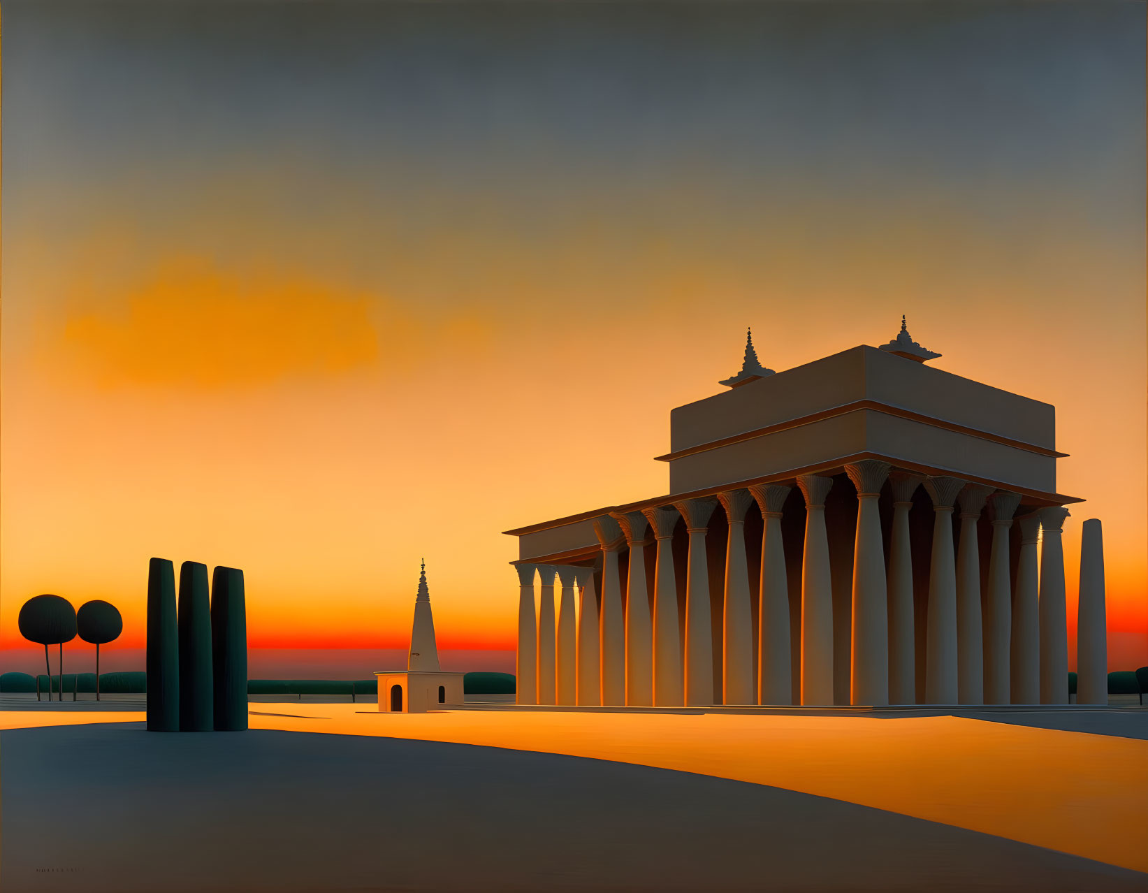 Architectural structure with towering columns against orange sunset sky